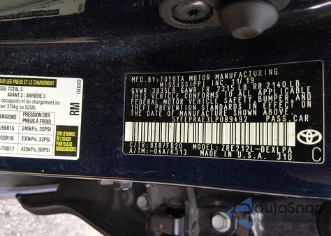 2020 Toyota Corolla Le из США, поврежденный, VIN 5YFEPRAE3LP089492